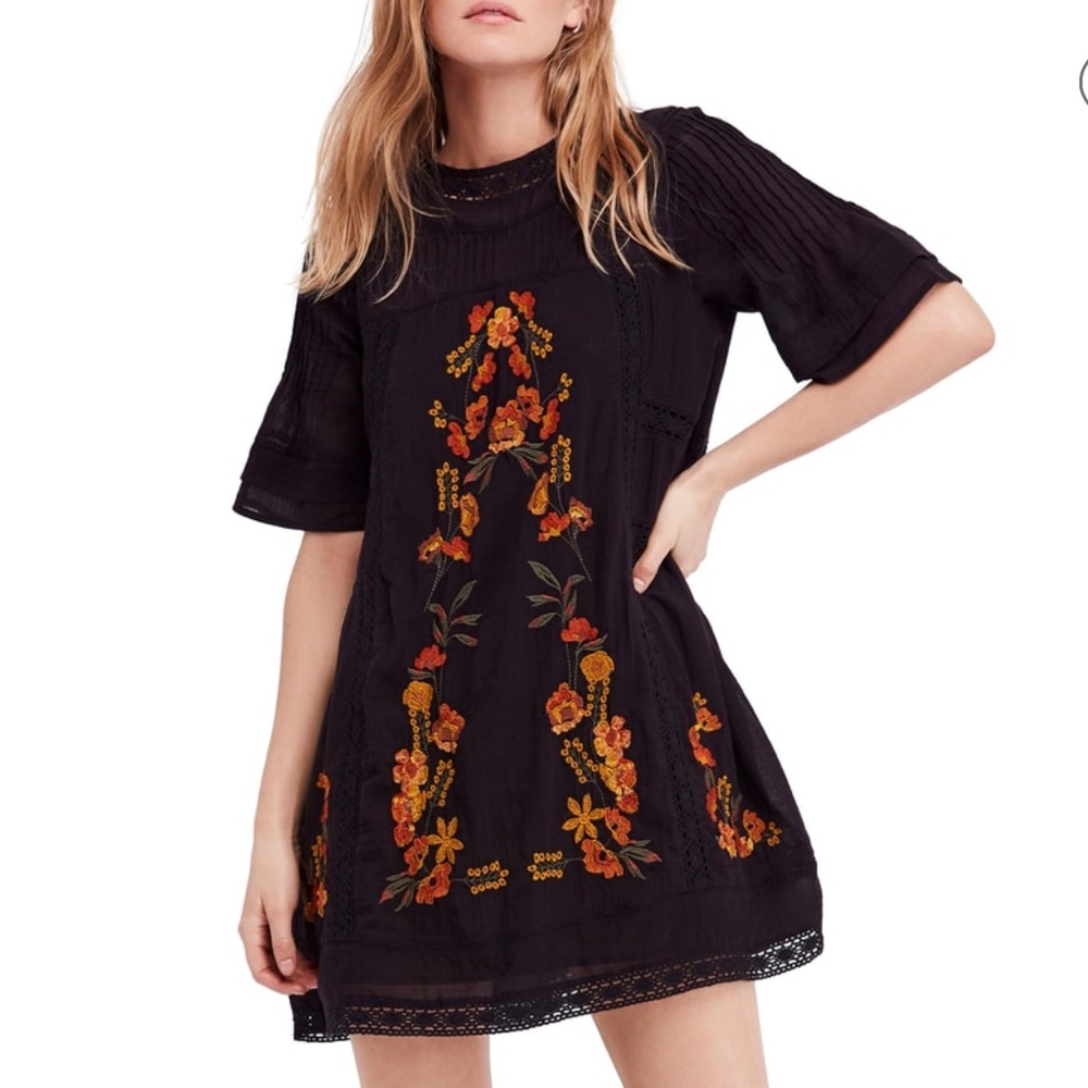 Free People Black Dress with Orange Floral Embroidery